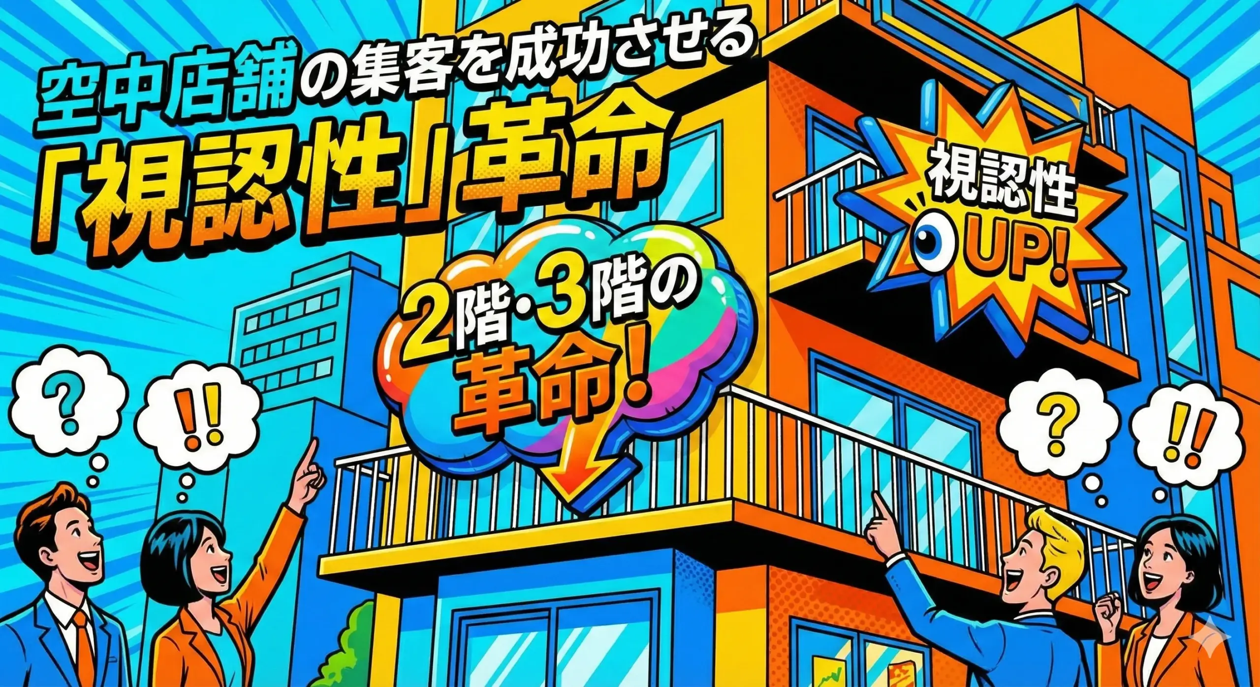 バルコニーから立体的に張り出したエア看板が、2階以上の店舗を通行人に知らせている。