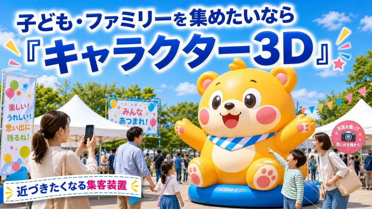 子どもやファミリー層を集めるためのキャラクター3Dエア看板。親子が近づき、写真を撮って楽しんでいる。