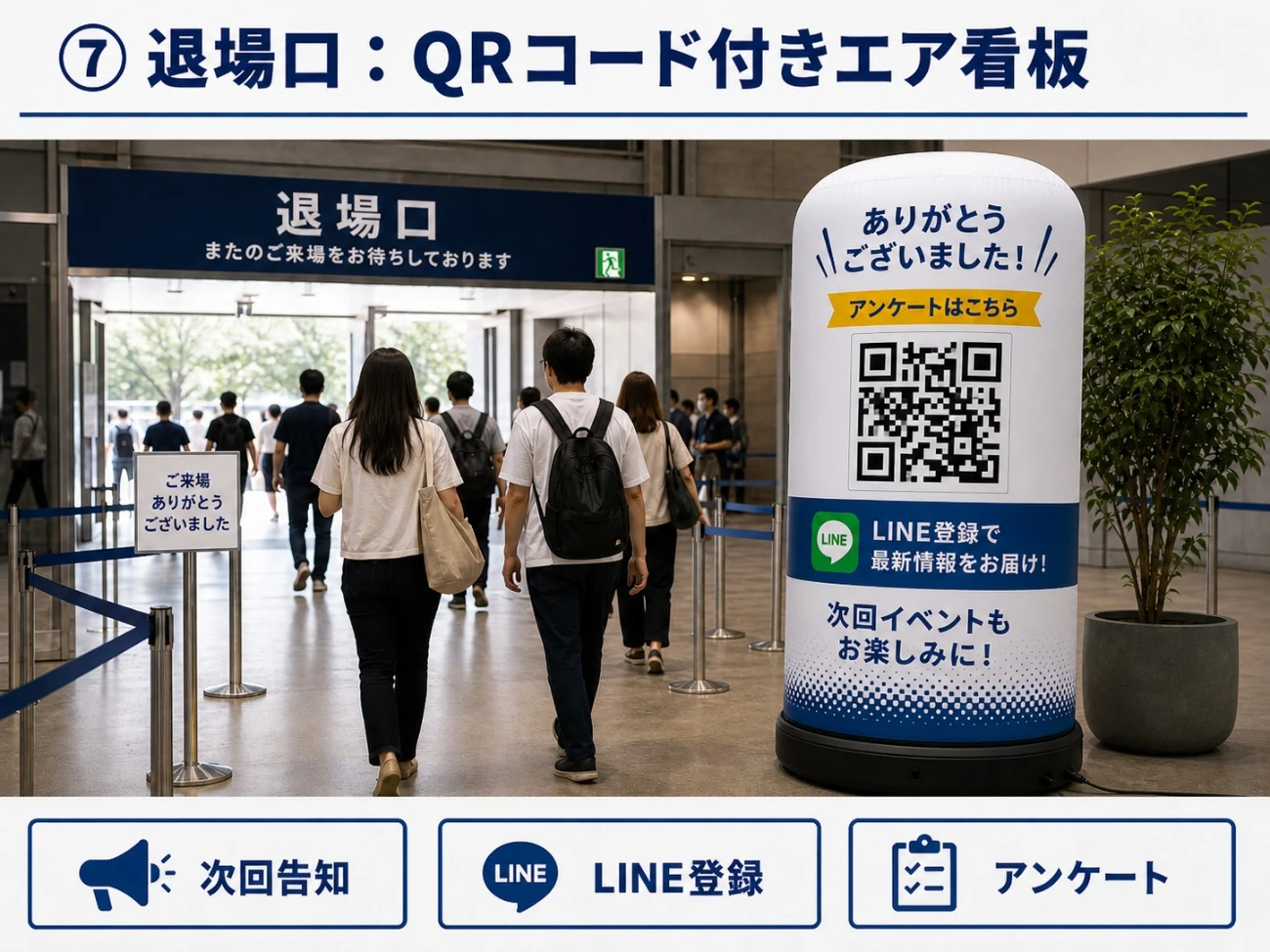 退場口にQRコード付きエア看板を設置してLINE登録やアンケートへ誘導するイメージ