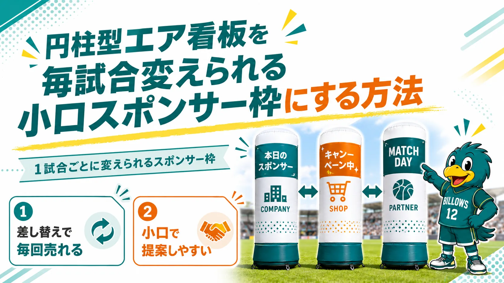 円柱型エア看板を毎試合変えられる小口スポンサー枠にする方法を説明する小見出し画像