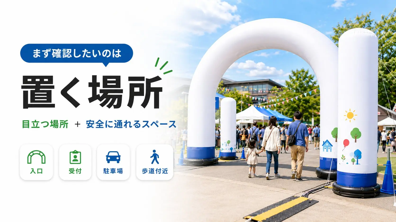エア看板の設置場所を確認するイメージ。入口、受付、駐車場、歩道付近を確認