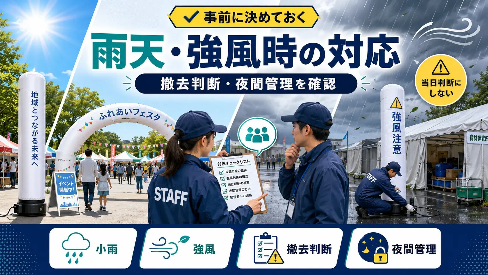 エア看板の雨天・強風時対応。撤去判断、夜間管理、小雨、強風を確認するイメージ