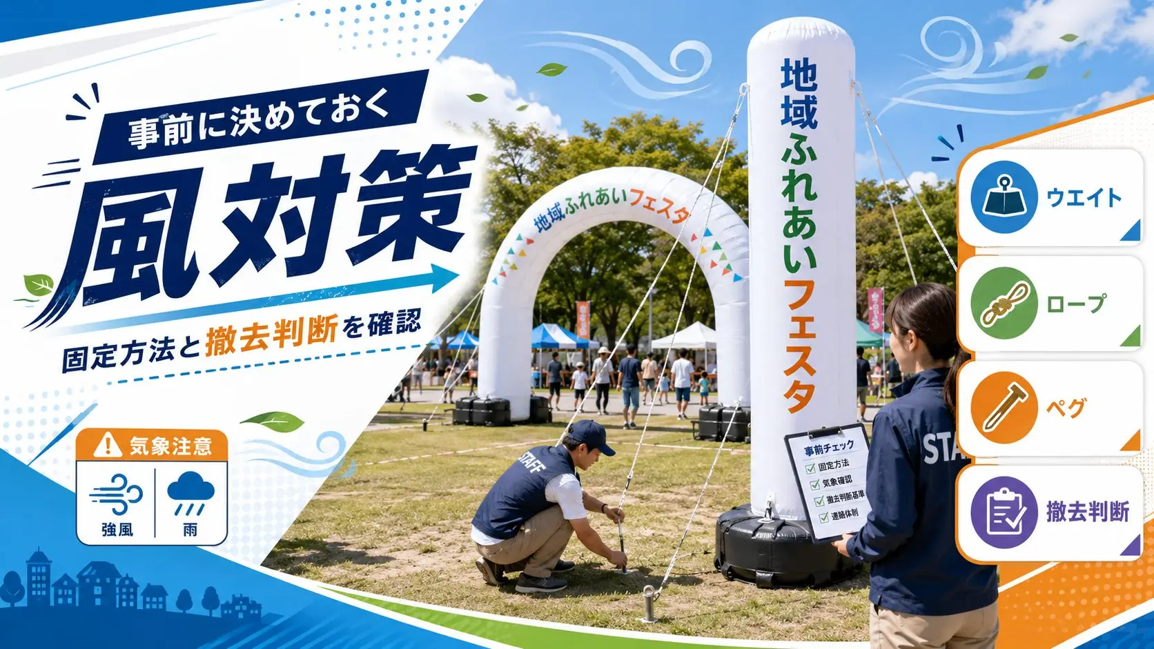 エア看板の風対策としてウエイト、ロープ、ペグ、撤去判断を確認するイメージ